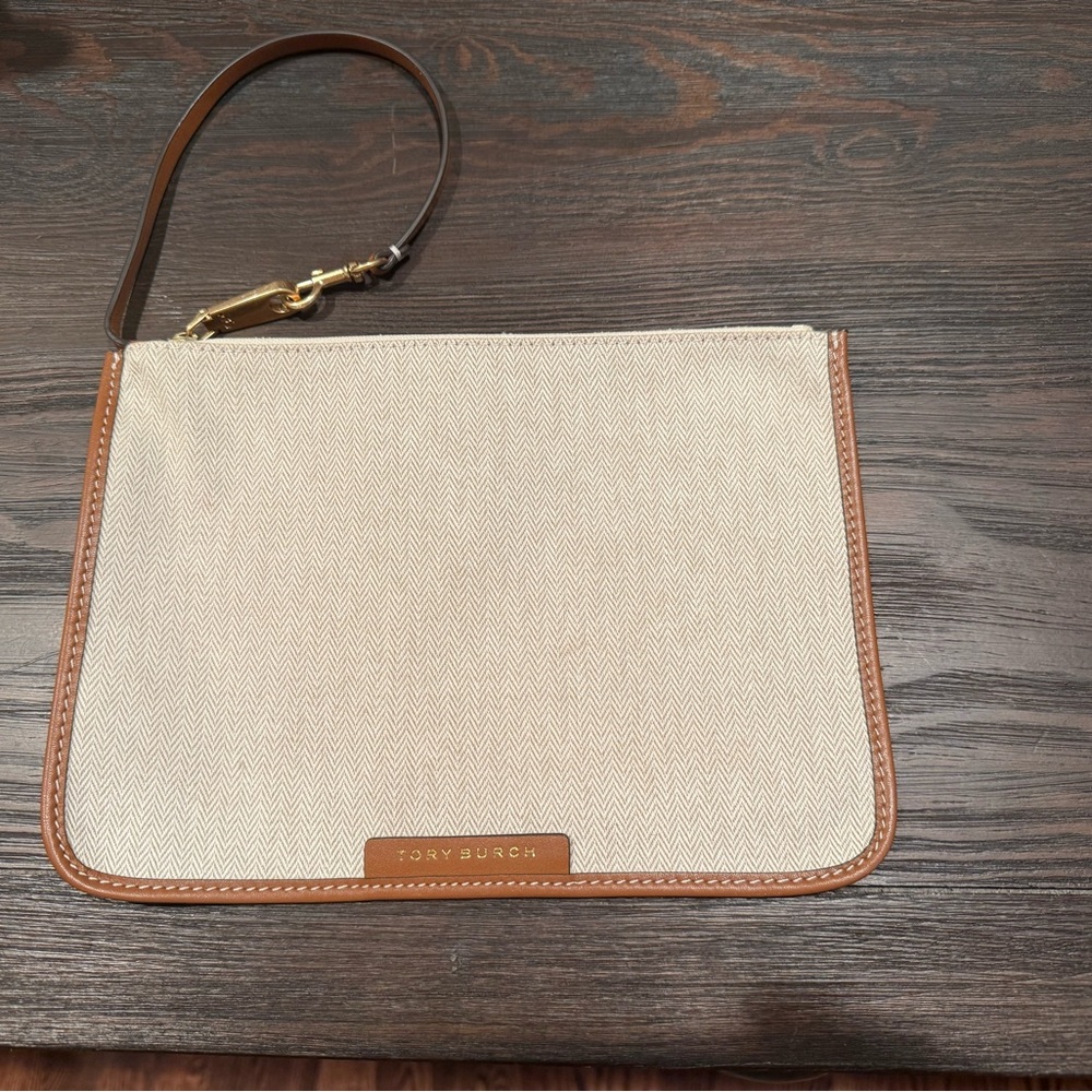 Tory Burch Ella canvas pouch/clutch with a herringbone pattern and leather trim